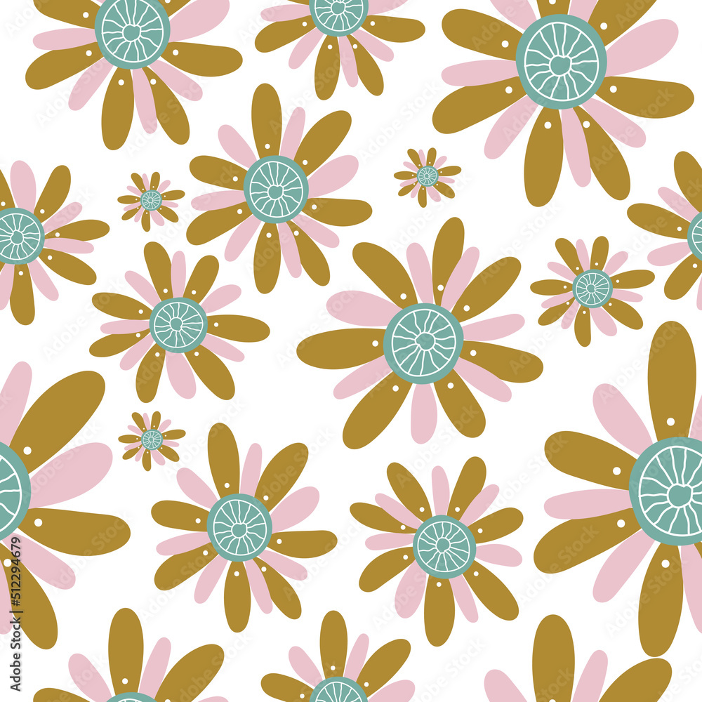 Seamless pattern with flowers. Wildflowers, sunflower. Pattern in a flat style with flowers.