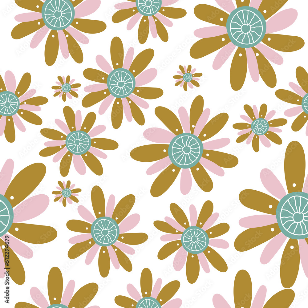 Seamless pattern with flowers. Wildflowers, sunflower. Pattern in a flat style with flowers. Seamless pattern with flowers. Wildflowers, sunflower. Pattern in a flat style with flowers.
