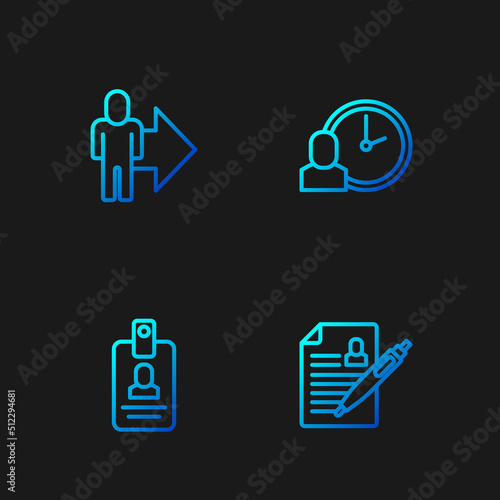 Set line Resume, Identification badge, Leader of team of executives and Work time. Gradient color icons. Vector