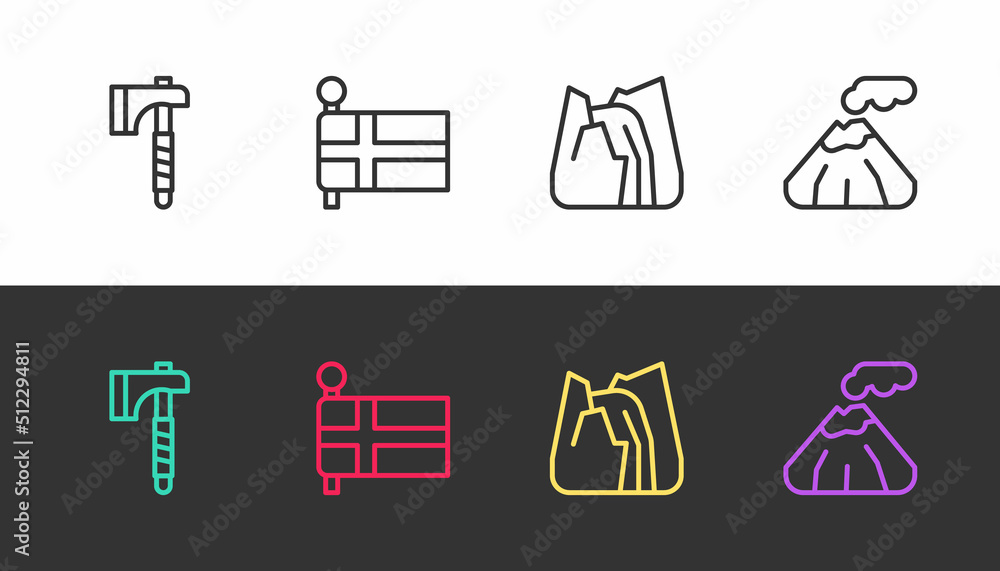Set line Wooden axe, Flag of Iceland, Waterfall and Volcano on black and white. Vector Set line Wooden axe, Flag of Iceland, Waterfall and Volcano on black and white. Vector