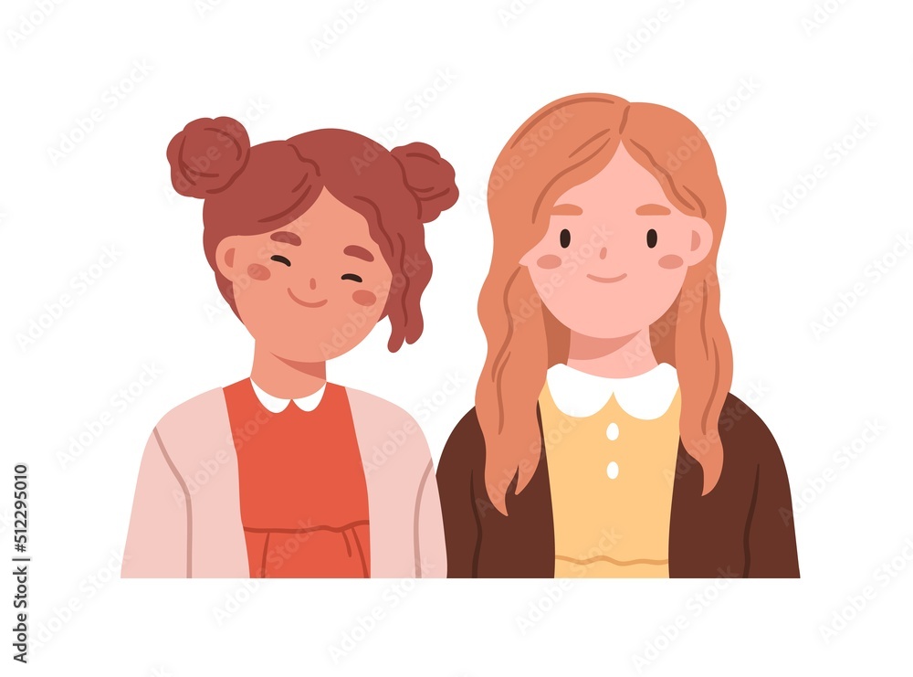 Two happy girls friends, face portrait. Cute children couple. Smiling kids sisters together. Positive lovely female classmates, school mates. Flat vector illustration isolated on white background Two happy girls friends, face portrait. Cute children couple. Smiling kids sisters together. Positive lovely female classmates, school mates. Flat vector illustration isolated on white background