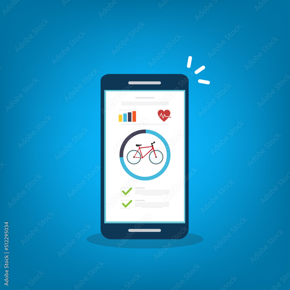 Bicycle, Cycling, Fitness tracking app on mobile phone screen. Bicycle, Cycling, Fitness tracking app on mobile phone screen.