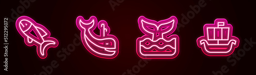 Set line Fish, Whale, tail and Viking ship Drakkar. Glowing neon icon. Vector