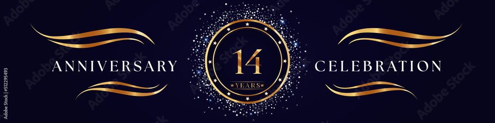 14 Years Anniversary Logo Golden Colored isolated on purple blue background. Poster Design for anniversary event party, wedding, birthday party, ceremony, greetings and invitation card. 14 Years Anniversary Logo Golden Colored isolated on purple blue background. Poster Design for anniversary event party, wedding, birthday party, ceremony, greetings and invitation card.