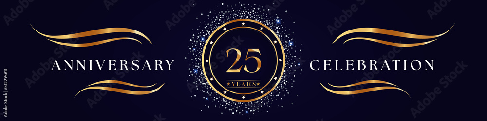 25 Years Anniversary Logo Golden Colored isolated on purple blue background. Poster Design for anniversary event party, wedding, birthday party, ceremony, greetings and invitation card.