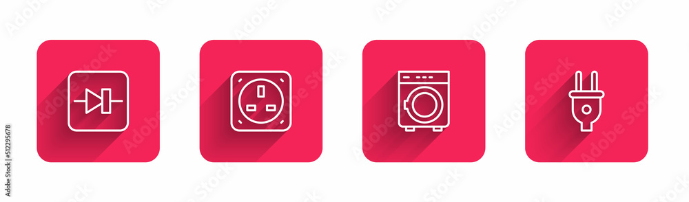 Set line Diode in electronic circuit, Electrical outlet, Washer and plug with long shadow. Red square button. Vector Set line Diode in electronic circuit, Electrical outlet, Washer and plug with long shadow. Red square button. Vector