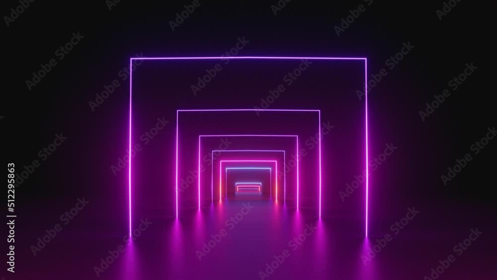 looped 3d animation, neon tunnel with rotating square frames. Abstract cycled background