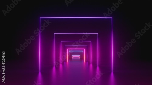 looped 3d animation, neon tunnel with rotating square frames. Abstract cycled background photo