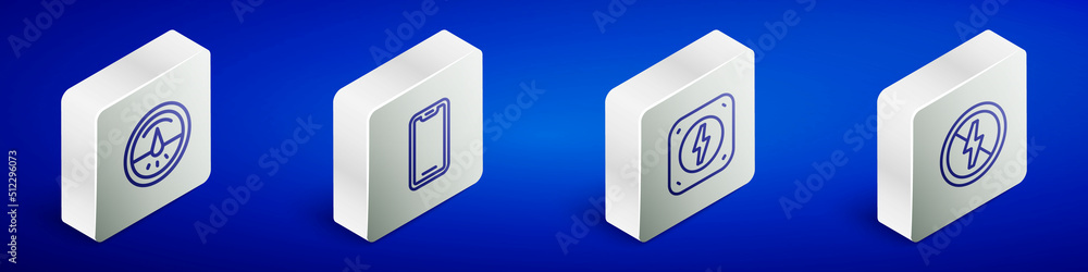 Set Isometric line Electric meter, Mobile phone, Lightning bolt and No lightning icon. Vector Set Isometric line Electric meter, Mobile phone, Lightning bolt and No lightning icon. Vector