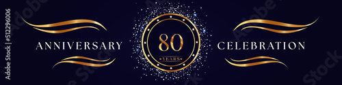 80 Years Anniversary Logo Golden Colored isolated on purple blue background. Poster Design for anniversary event party, wedding, birthday party, ceremony, greetings and invitation card.