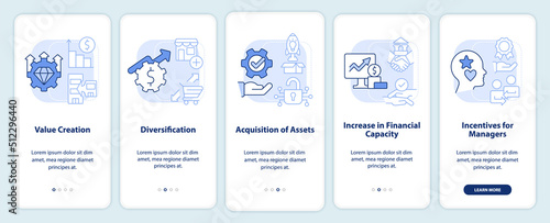 Motives for mergers light blue onboarding mobile app screen. Walkthrough 5 steps editable graphic instructions with linear concepts. UI, UX, GUI template. Myriad Pro-Bold, Regular fonts used