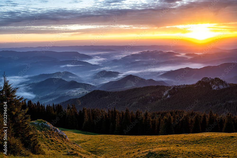 Sunrise in the Rarau mountains, Eastern Carpathians, Romania.