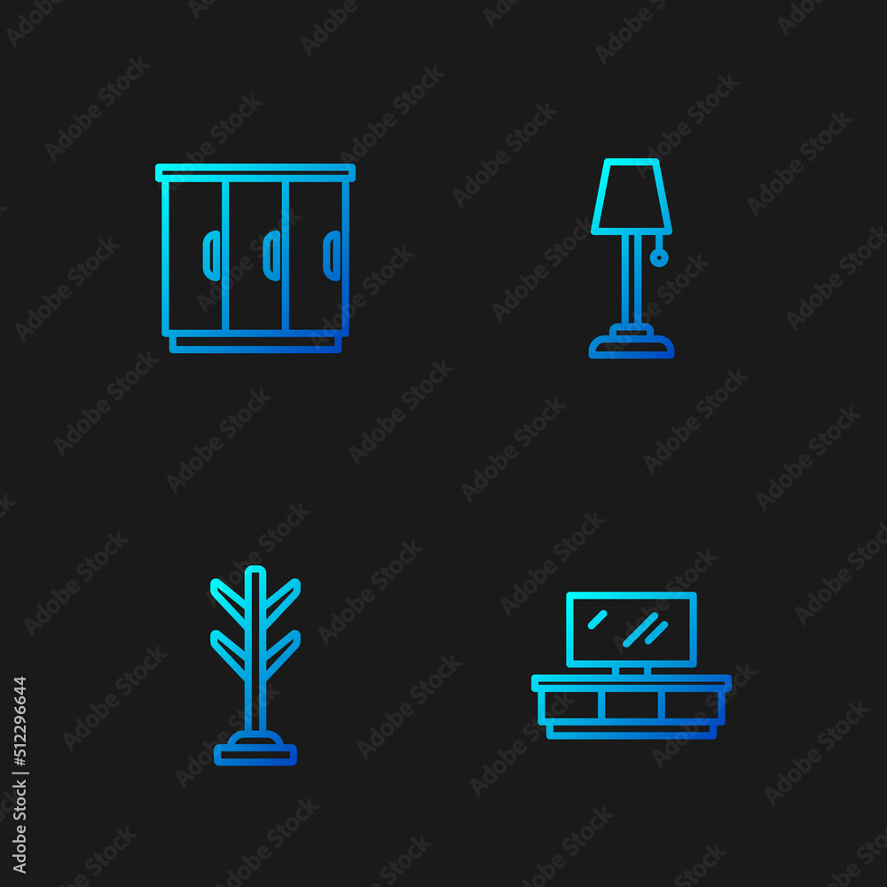 Set line TV table stand, Coat, Wardrobe and Floor lamp. Gradient color icons. Vector Set line TV table stand, Coat, Wardrobe and Floor lamp. Gradient color icons. Vector