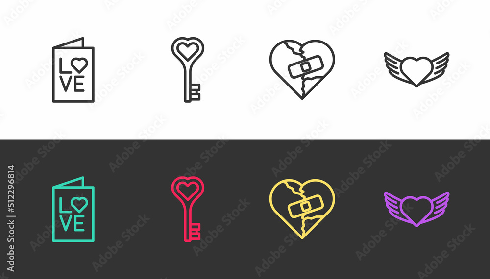 Set line Valentines day party flyer, Key heart shape, Healed broken or divorce and Heart with wings on black and white. Vector Set line Valentines day party flyer, Key heart shape, Healed broken or divorce and Heart with wings on black and white. Vector