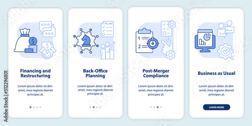 Business merger stages light blue onboarding mobile app screen. Walkthrough 4 steps editable graphic instructions with linear concepts. UI, UX, GUI template. Myriad Pro-Bold, Regular fonts used