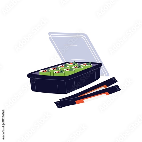 Japanese sushi rolls box, takeaway container. Asian delivery food with chopsticks. Delivered Japan vegetarian green maki set. Flat vector illustration isolated on white background