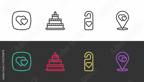 Set line Heart, Wedding cake, Please do not disturb with heart and Location on black and white. Vector