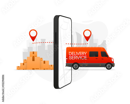 Express Delivery Service concept on phone device. Mobile APP. Red cargo van for delivery. Vector illustration.