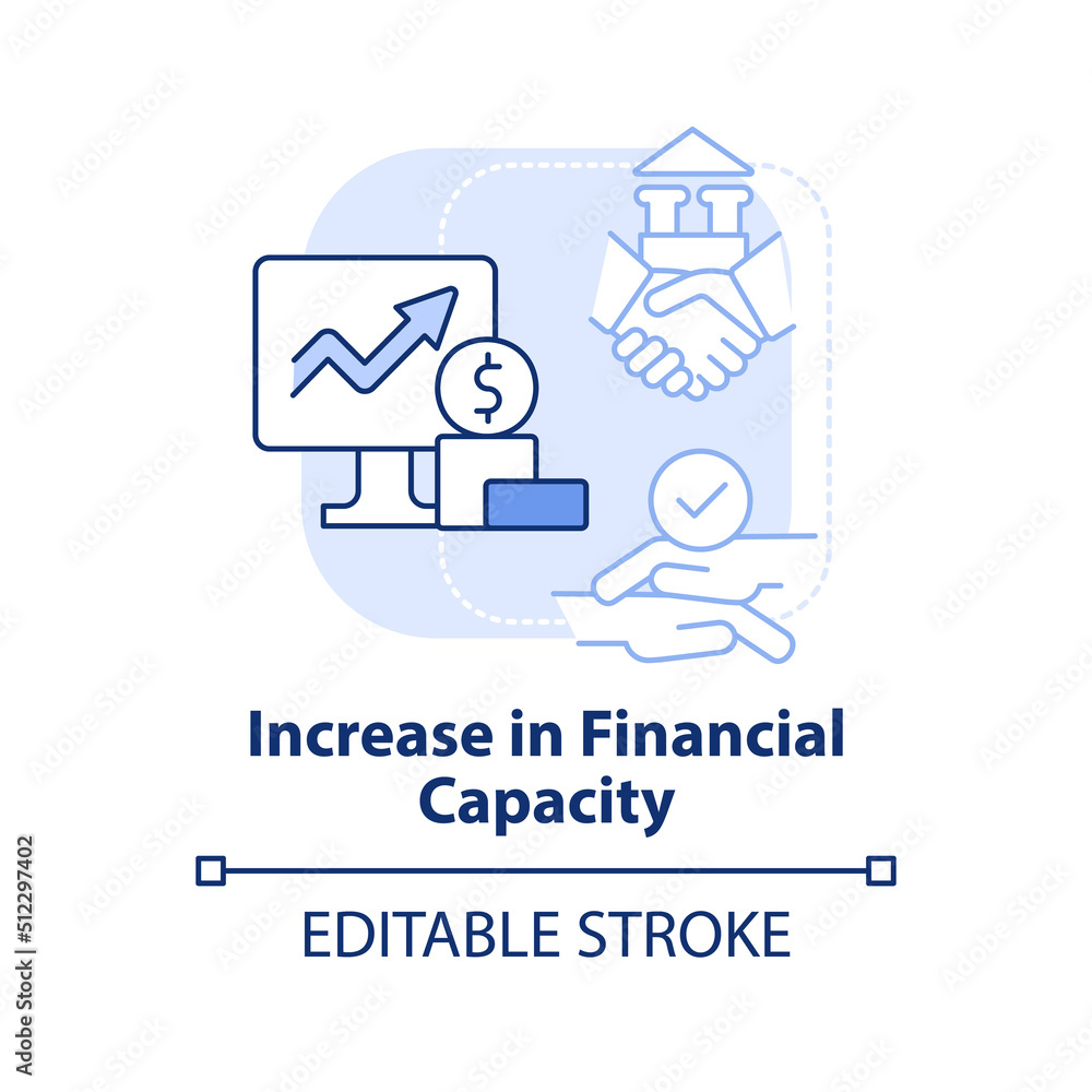 Increase in financial capacity light blue concept icon. Motive for merger abstract idea thin line illustration. Isolated outline drawing. Editable stroke. Arial, Myriad Pro-Bold fonts used Increase in financial capacity light blue concept icon. Motive for merger abstract idea thin line illustration. Isolated outline drawing. Editable stroke. Arial, Myriad Pro-Bold fonts used