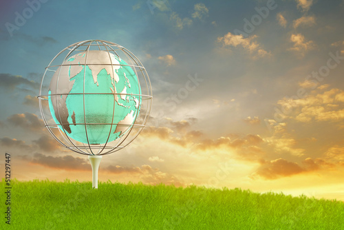 The globe has a cage placed on the golf tee.3d illustration