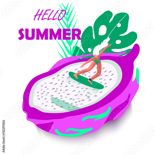 Hello summer inscription party girl sup fruit illustration. Vector tropical pink green banner exotic pitaya serfing woman.
