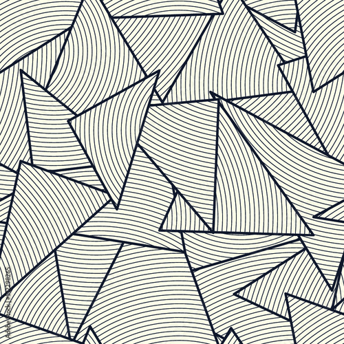 Creative triangle structure filled with lines grid. Endless vector texture. Geometric striped seamless pattern. 