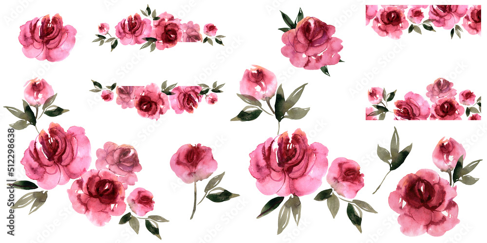 Watercolor hand painted floral set. Pink peonies. High quality illustration