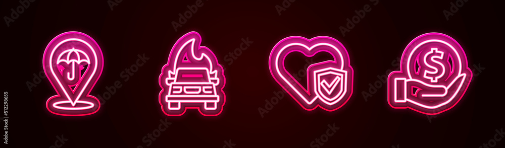 Fototapeta premium Set line Umbrella, Burning car, Life insurance with shield and Money. Glowing neon icon. Vector