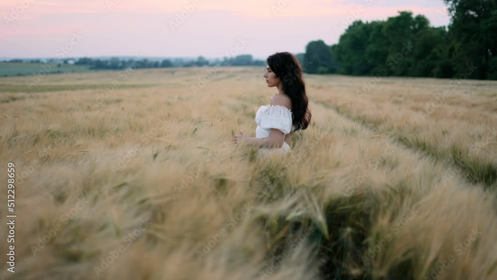 Attractive brunette woman istanding in the golden field and looking at the camera. Concept of harmony woman and nature, healthy lifestyle. Attractive brunette woman istanding in the golden field and looking at the camera. Concept of harmony woman and nature, healthy lifestyle.