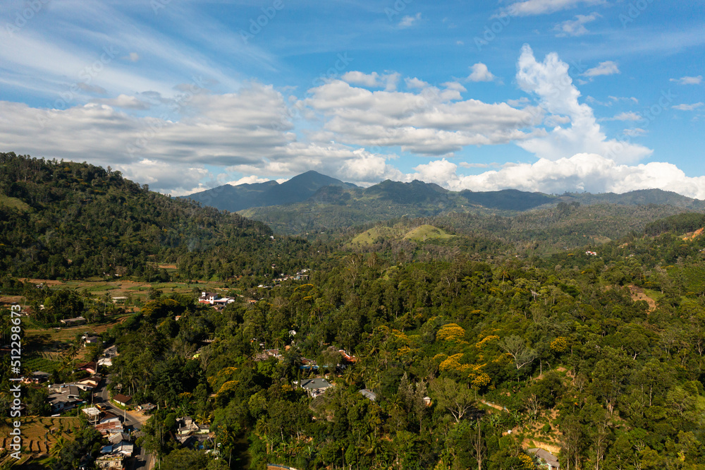 Aerial drone of Ella town among mountains and tea plantations. Sri Lanka.