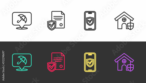 Set line Umbrella, Contract with shield, Insurance online and House on black and white. Vector