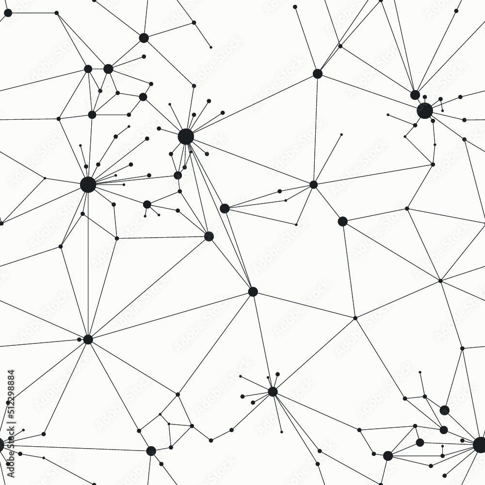 Fototapeta premium Beautiful web structure with lines and circles like a neural network. Monochrome vector background. Minimal grid seamless pattern.