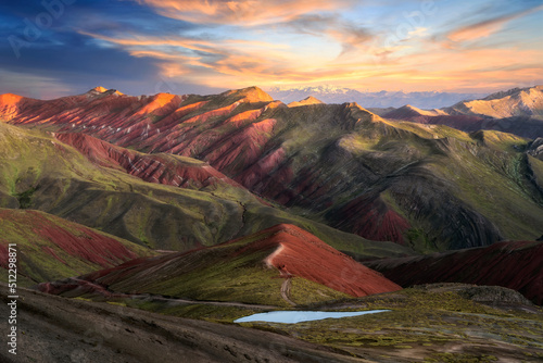 Amazing mountainous valley under scenic sundown sky