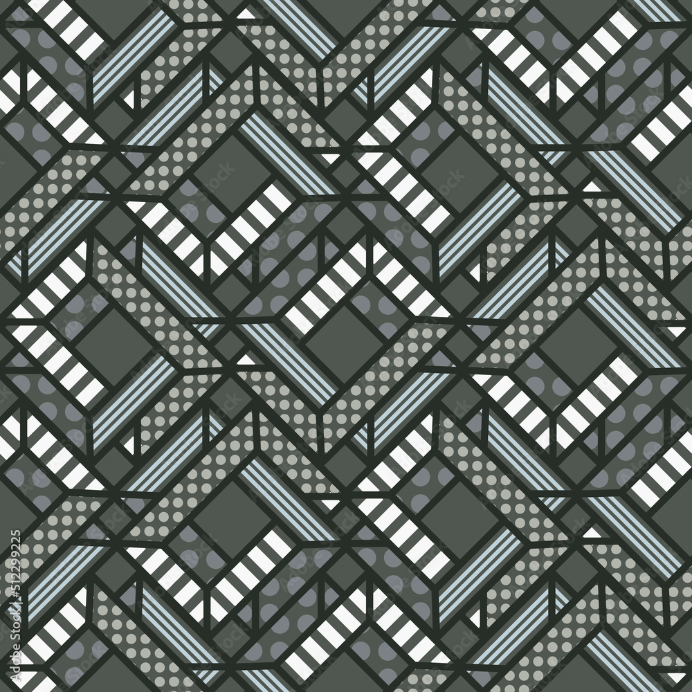 Geometric intertwined shapes green seamless pattern. Abstract tileable background