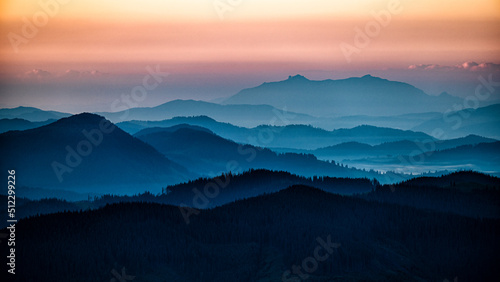 The Ceahlau Massif seen from the Rarau Mountains,  Eastern Carpathians, Romania.