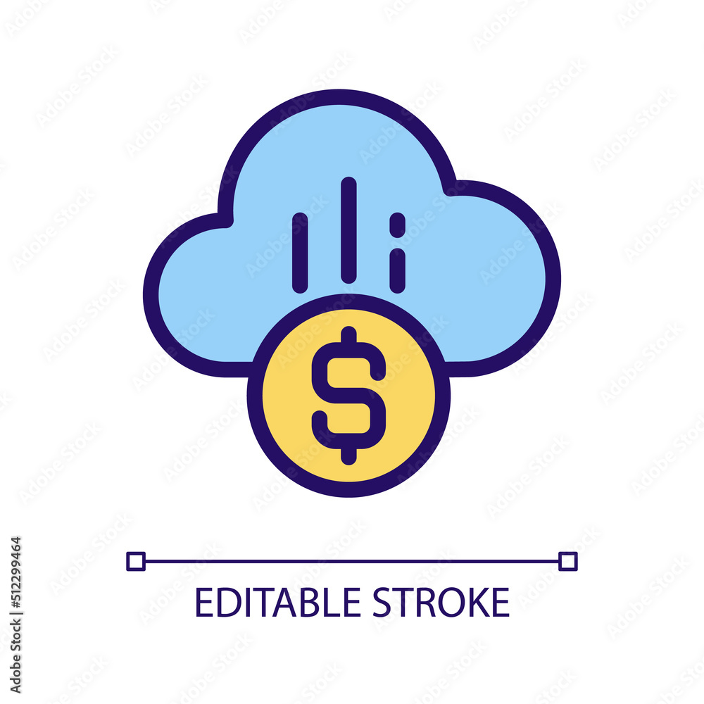 Cloud payment pixel perfect RGB color icon. E-payment adoption. Financial transactions via Internet. Isolated vector illustration. Simple filled line drawing. Editable stroke. Arial font used Cloud payment pixel perfect RGB color icon. E-payment adoption. Financial transactions via Internet. Isolated vector illustration. Simple filled line drawing. Editable stroke. Arial font used