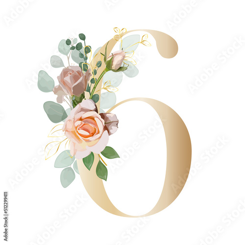 Floral Number. Digit with a botanical bouquet. Vector illustration.
