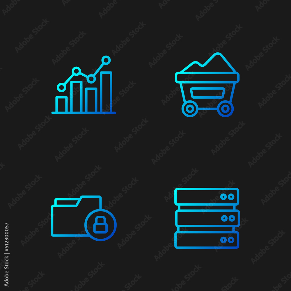 Set line Server, Folder and lock, Pie chart infographic and Coal mine trolley. Gradient color icons. Vector