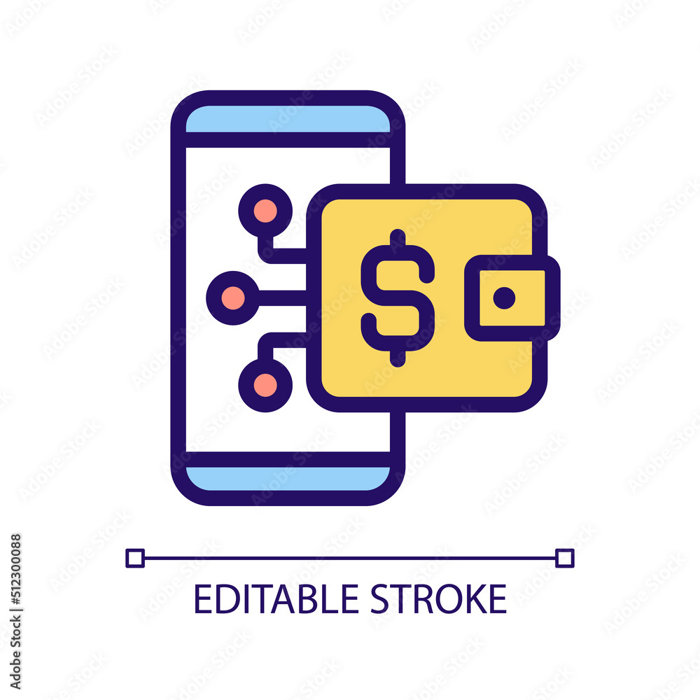 Digital wallet pixel perfect RGB color icon. Online payment tool. Wireless financial transaction. E wallet. Isolated vector illustration. Simple filled line drawing. Editable stroke. Arial font used Digital wallet pixel perfect RGB color icon. Online payment tool. Wireless financial transaction. E wallet. Isolated vector illustration. Simple filled line drawing. Editable stroke. Arial font used