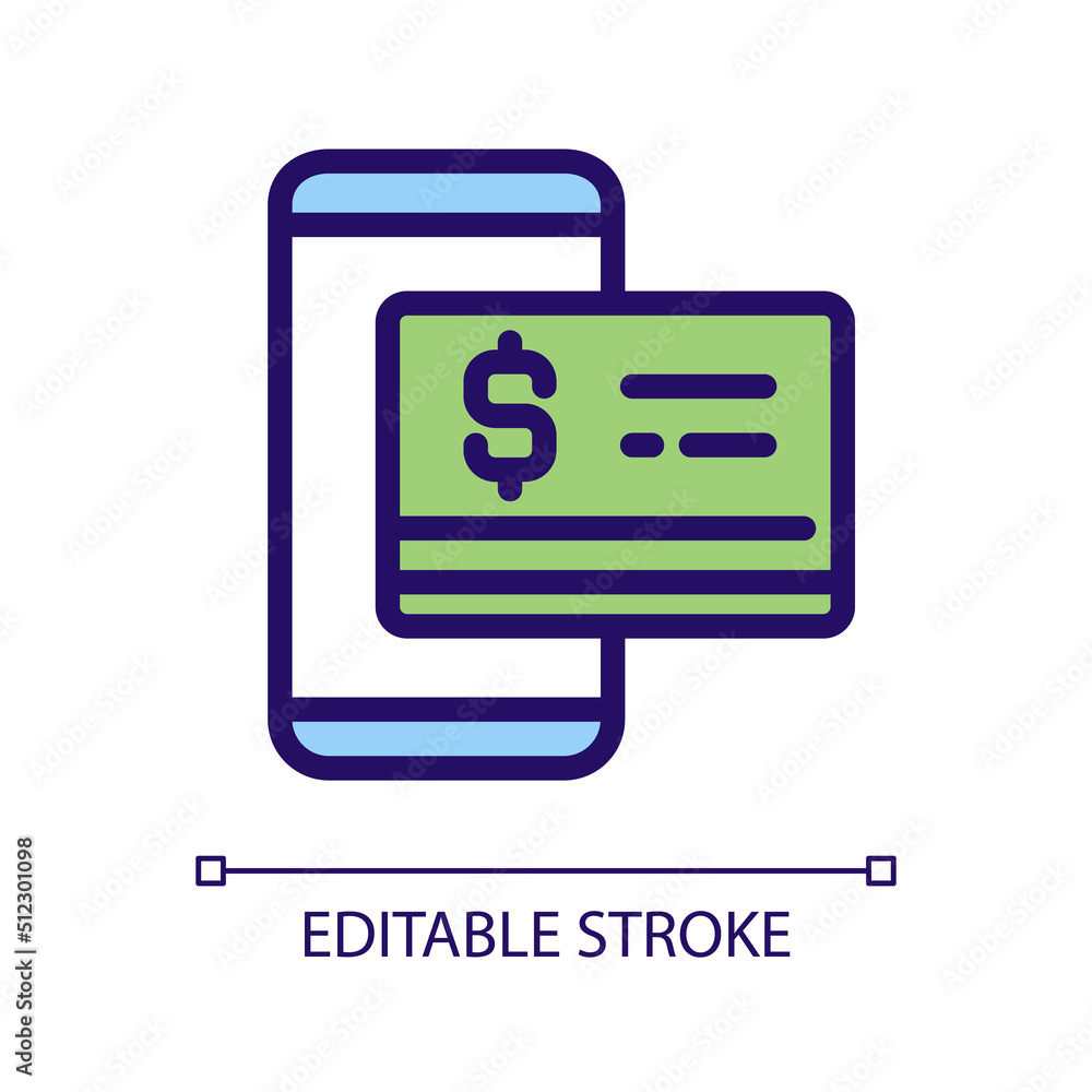 Digital money pixel perfect RGB color icon. Mobile banking. Contactless credit card. Virtual currency. Isolated vector illustration. Simple filled line drawing. Editable stroke. Arial font used Digital money pixel perfect RGB color icon. Mobile banking. Contactless credit card. Virtual currency. Isolated vector illustration. Simple filled line drawing. Editable stroke. Arial font used