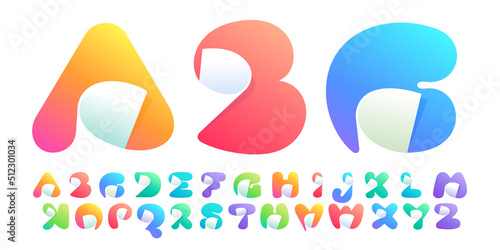 Alphabet made of letters with curled corner. Negative space style icons. Colorful gradient note paper.