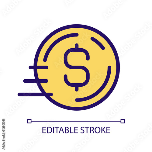 Coin in motion pixel perfect RGB color icon. Bank transfer payment. Send money. Digital wallet. Isolated vector illustration. Simple filled line drawing. Editable stroke. Arial font used