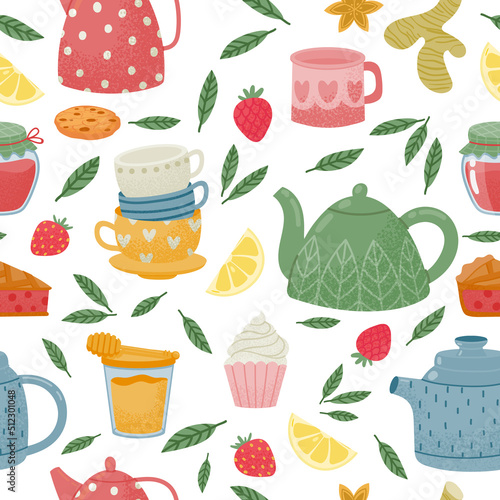 Decorative tea time seamless pattern with teapot and cup