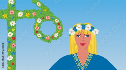 Beautiful Scandinavian, Swedish (Sweden) woman. Dressed in traditional midsummer clothing and flower wreath. Maypole, or in Sweden called midsommarstång in the background. Vector illustration. 16:9.