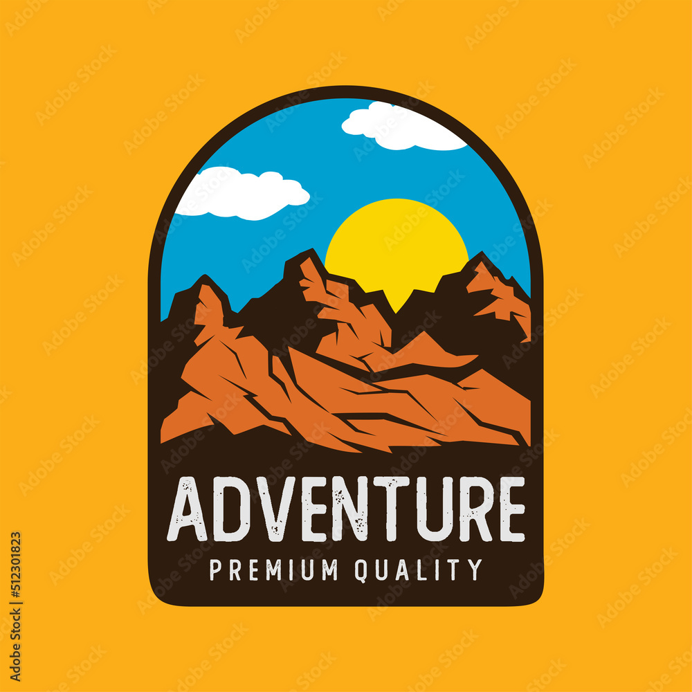 rock mountain sun logo adventure expedition vector symbol icon design illustration Stock