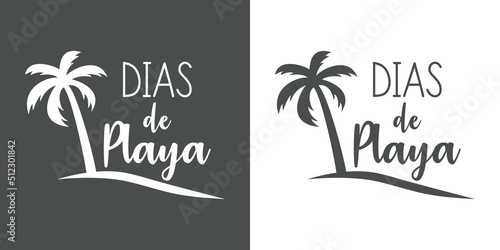 Banner con texto manuscrito Días de playa en español. Vector con silueta de la palma y olas. Logo vacaciones de verano. Fondo gris y fondo blanco