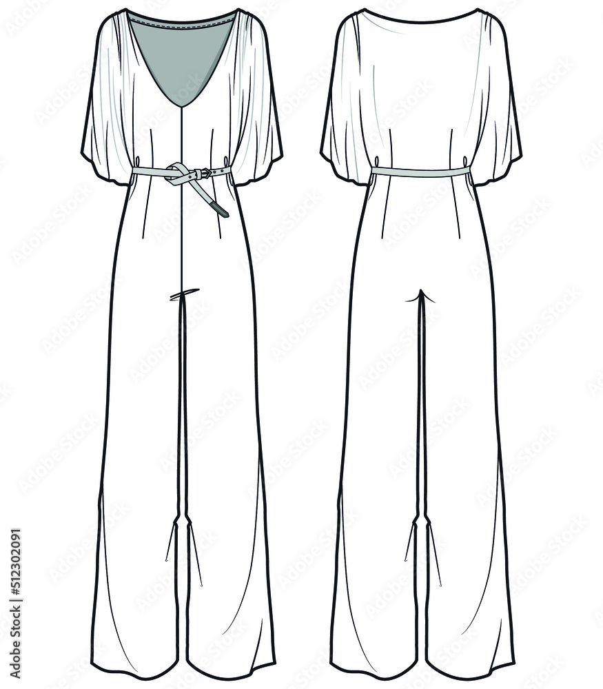 Women Vneck Jumpsuit with Belt Front and Back View Vector Fashion Illustration , CAD, Technical