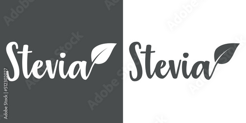 Banner con texto Stevia con silueta de hoja de planta. Logo edulcorante sustituto natural del azúcar. Vector producto saludable en fondo gris y fondo blanco
