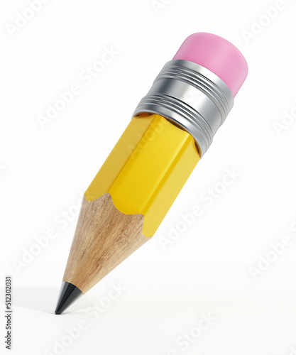 Short wooden pencil with eraser isolated on white background. 3D illustration