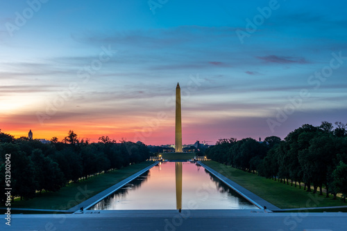 Colorfull Sunrise View of the Washington Monument Reflected on the Pool in Front of the Lincoln Memorial